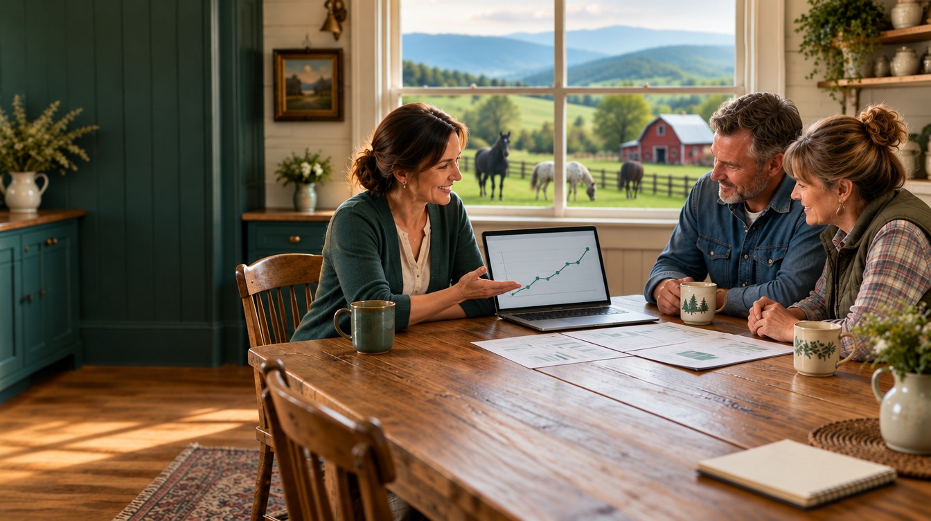 A bookkeeper showing a farm couple a chart on her laptop at their kitchen table, horses grazing by a red barn outside